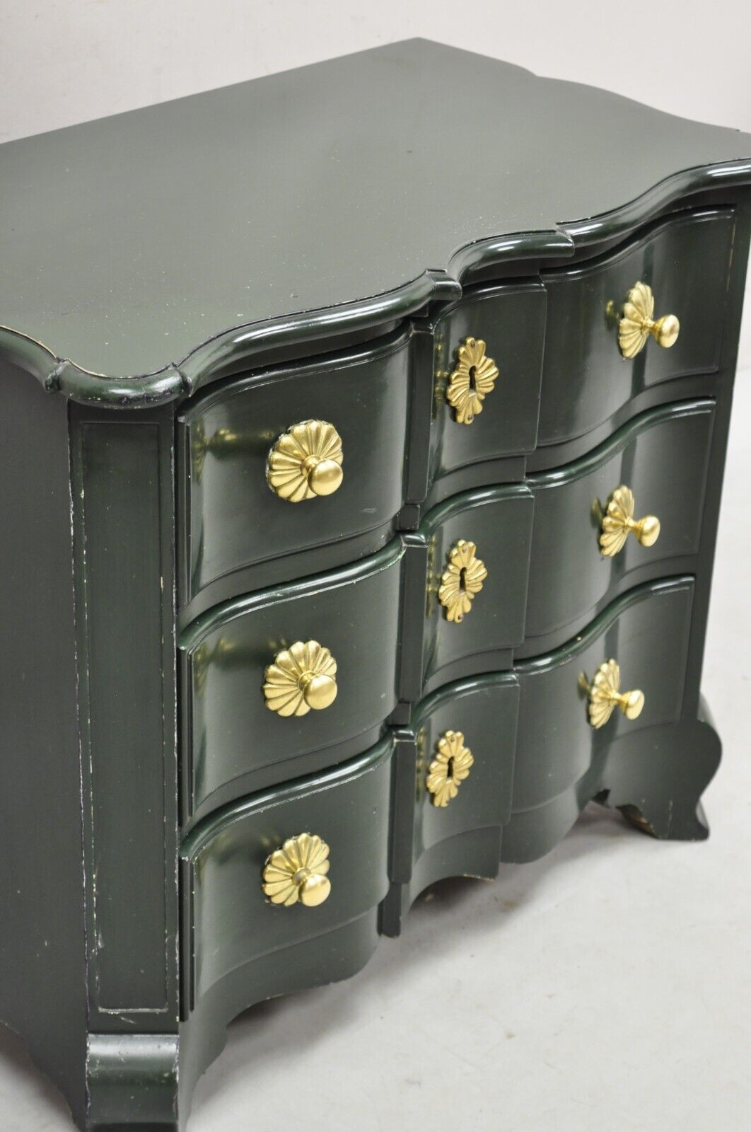 Vintage French Provincial Style Green Lacquer 3 Drawer Nightstand by Roundtree