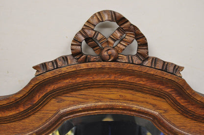 Antique Victorian Carved Oak Wood Ribbon Crest Beveled Glass Wall Mirror