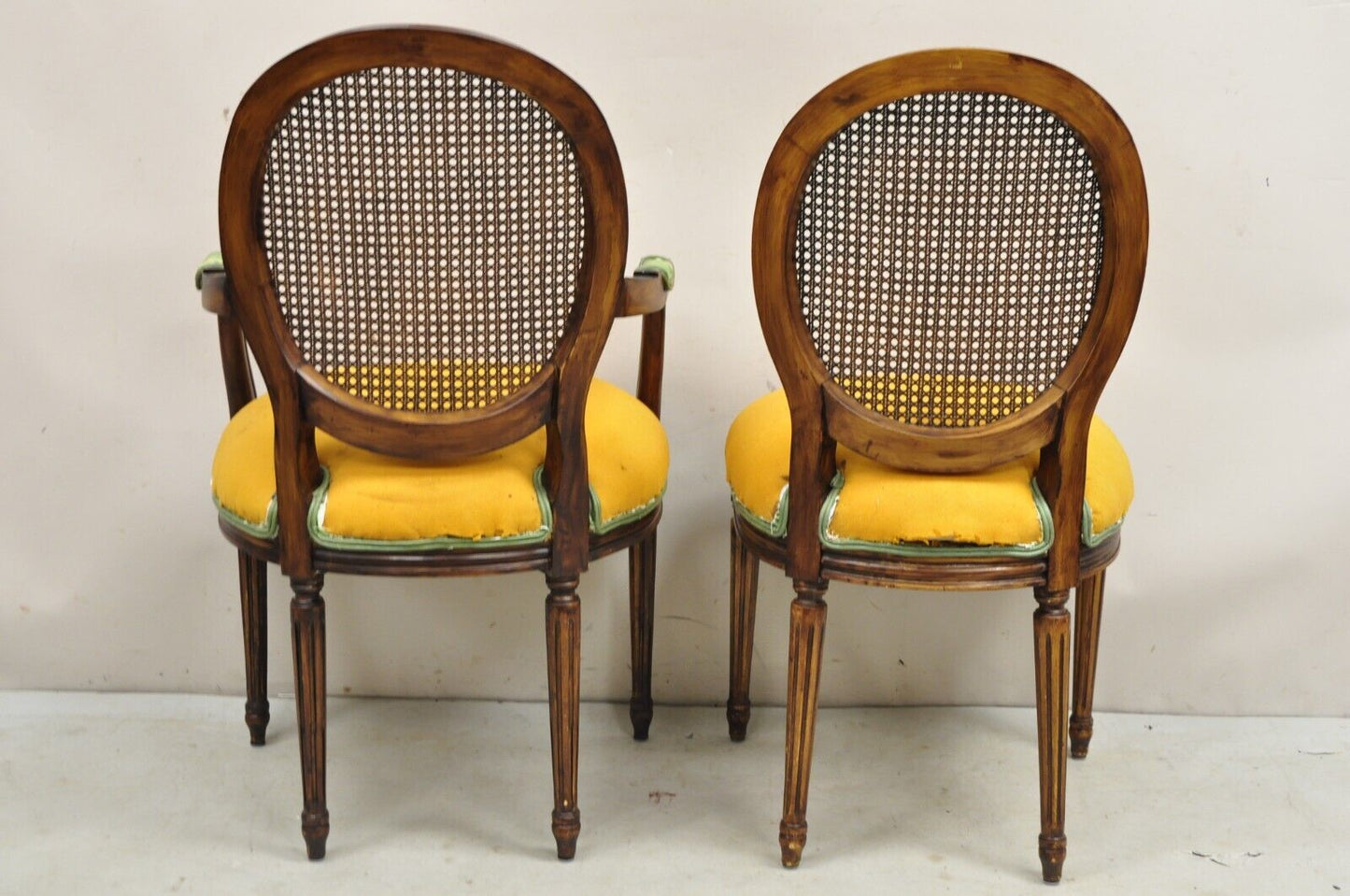 Vintage French Louis XVI Style Oval Cane Back Walnut Dining Chairs - Set of 6