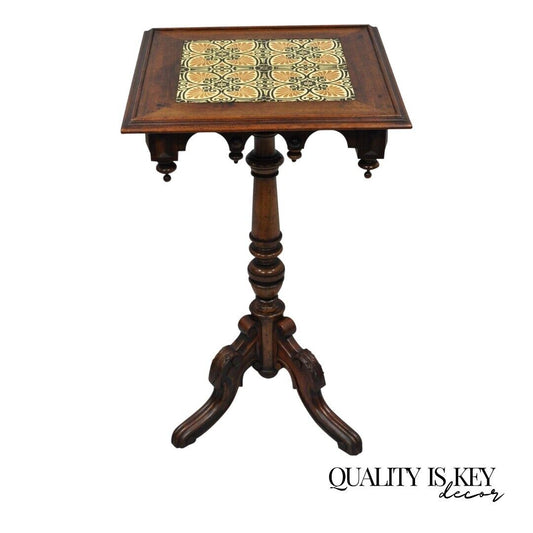Antique Eastlake Victorian Arts & Crafts Walnut Tile Top Pedestal Side Table