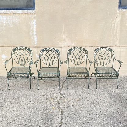 Wrought Iron Green Woodard Rose Style Garden Patio Springer Chairs - Set of 4