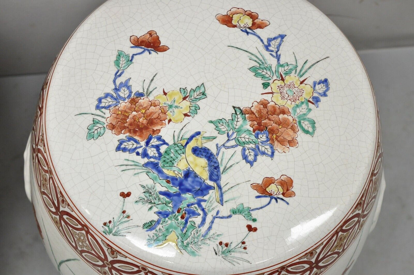 Vintage Porcelain Ceramic Chinoiseries Oriental Red Blue Garden Seat - a Pair