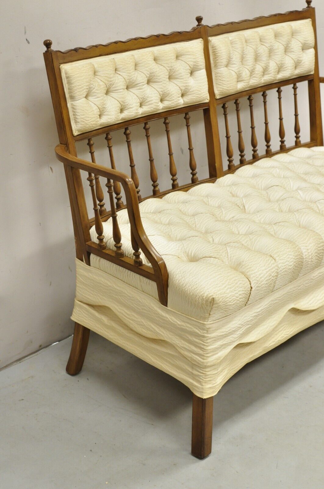 Vintage French Country Style Carved Wood Spindle Upholstered Settee Sofa