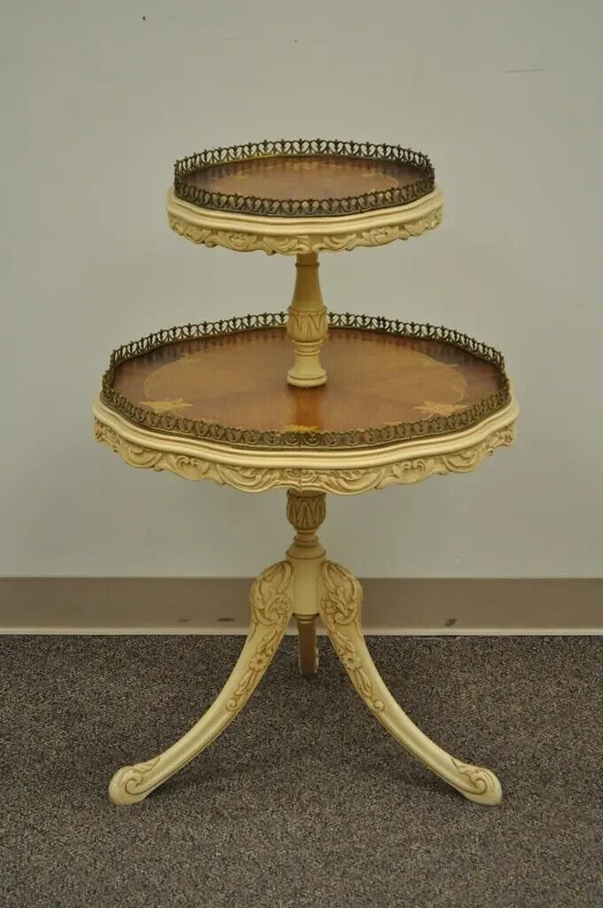 Vintage French Louis XV Style Satinwood Inlay Round 2 Tier Occasional Side Table