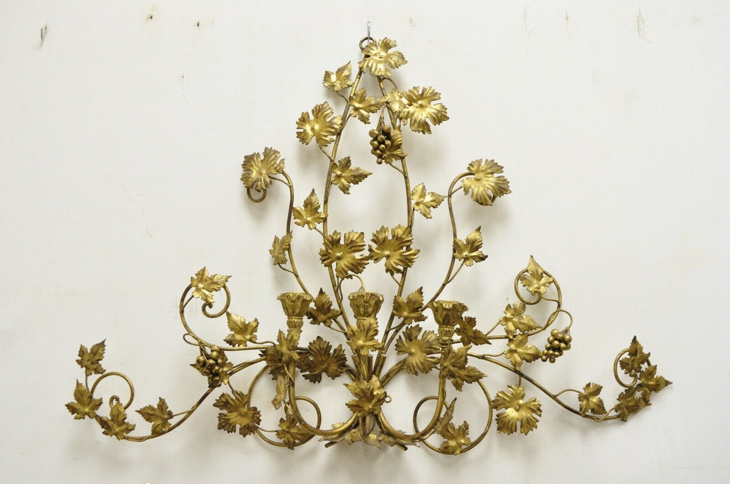 Vintage Italian Hollywood Regency Gold Iron Tole Leafy 3 Candelabra Wall Sconce