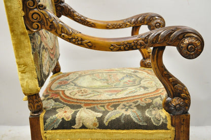 19th C Italian Renaissance Carved Walnut Figural Needlepoint Throne Arm Chair