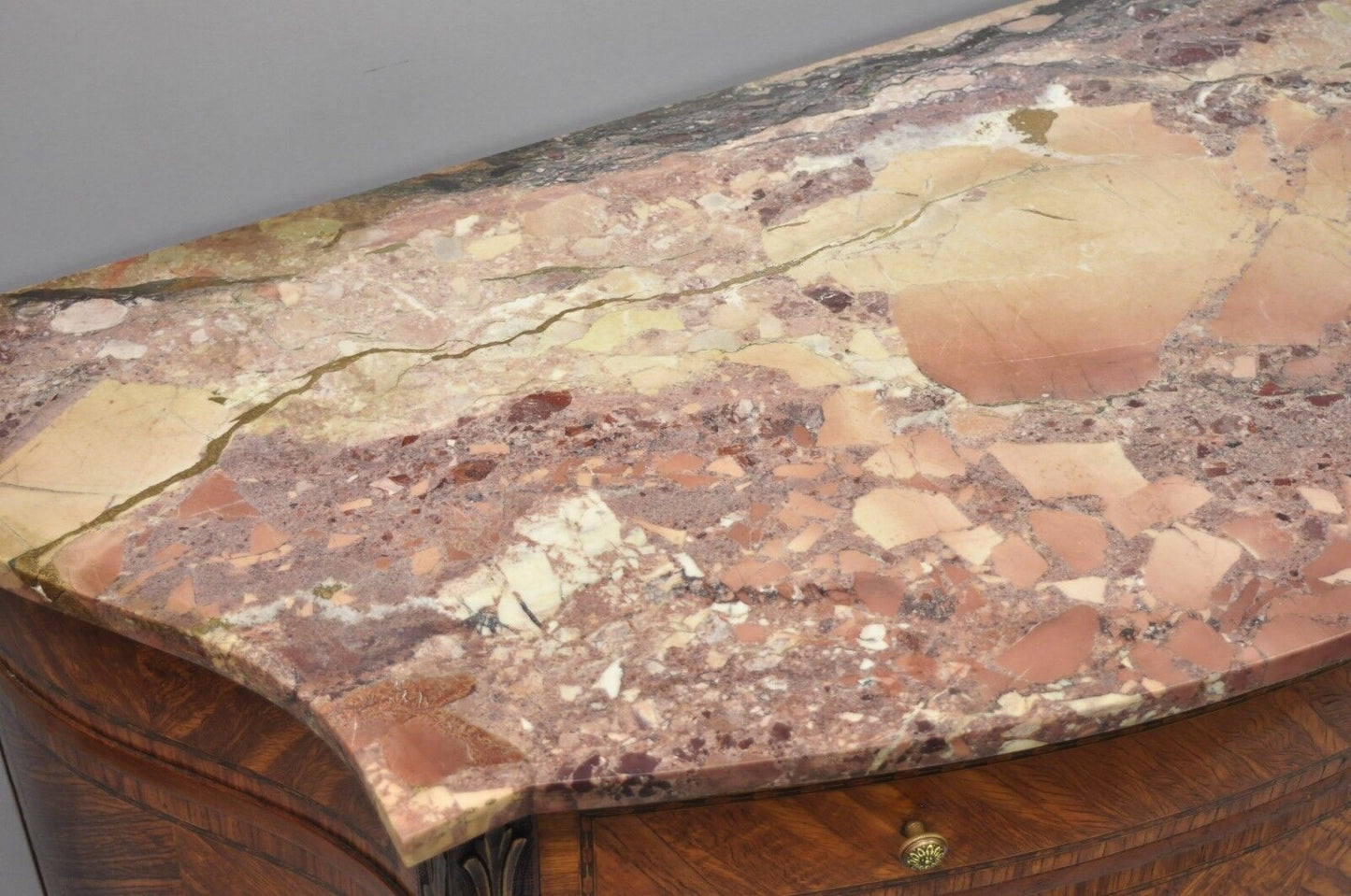 Early 20th C French Louis XV Style Demilune Pink Marble Top Bombe Commode Chest