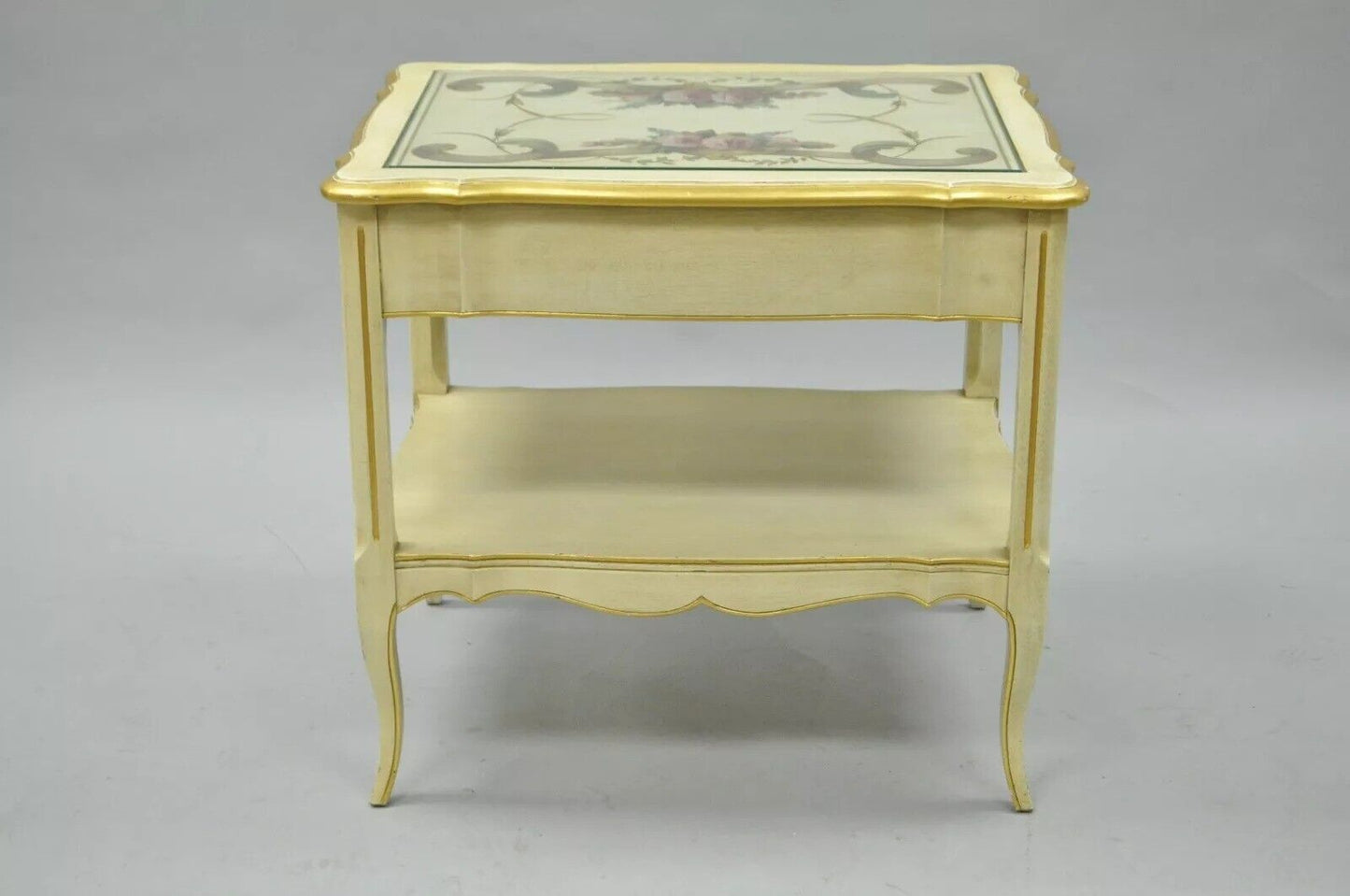 Vintage French Country Provincial Style Floral Painted Cream 1 Drawer End Table