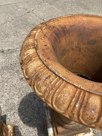 Large 62" Tall Cast Iron Campana Urn Outdoor Garden Planters on Base - a Pair