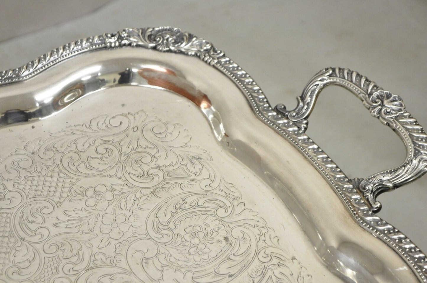 Antique English Victorian Large Silver Plated Scalloped Serving Platter Tray