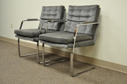 Mid Century Modern Milo Baughman Style Chrome Steel Cantilever Arm Chairs - Pair