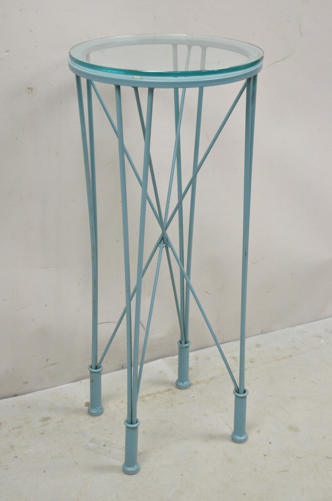 Modern Directoire Style Blue Skyscraper Glass Top Pedestal Stand Side Table