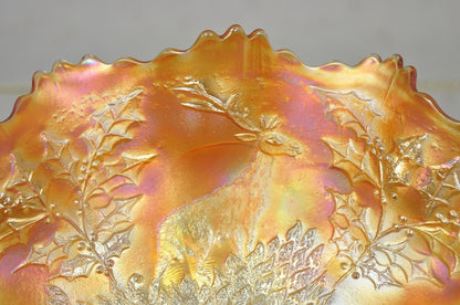 Ruffled Edge Fenton Stag & Holly Carnival Glass Footed Marigold Bowl 11" (A)