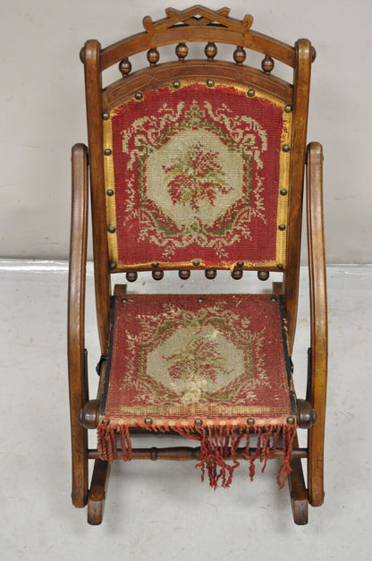 Antique Eastlake Victorian Walnut Small Child's Folding Rocker Rocking Chair