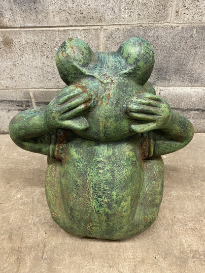 Vintage Hollywood Regency Green Cast Iron Garden Frog Statue "Hear no Evil"