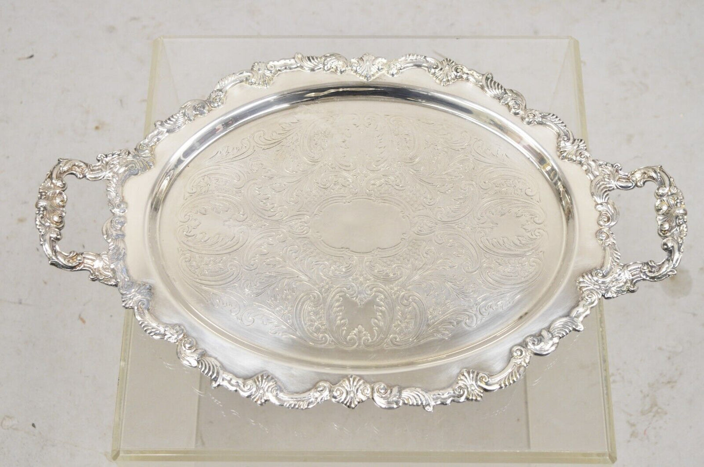 Vtg Sheffield English Victorian Style Silver Plated Oval Serving Platter Tray