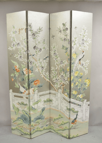 Vintage Chinoiserie Silver Leaf Birds Butterflies 4 Panel Screen Room Divider B