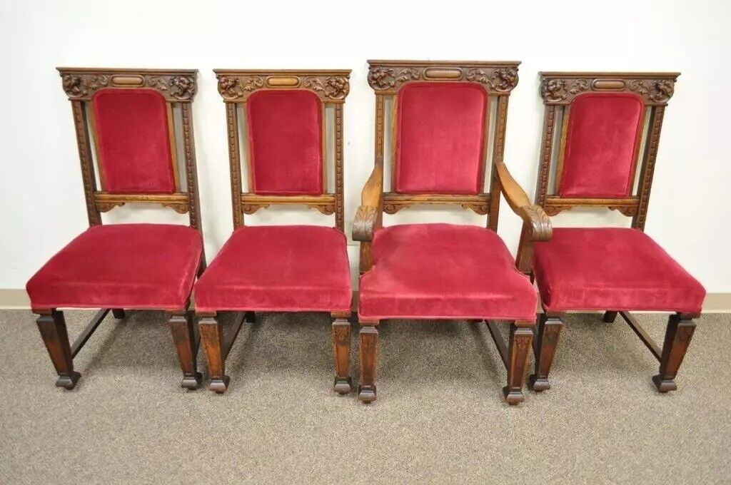 Antique Renaissance Revival Figural Lion Carved Oak Dining Chairs - Set of 4