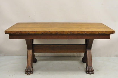 Antique English Renaissance Oak Wood Trestle Sawbuck Dining Table with Paw Feet