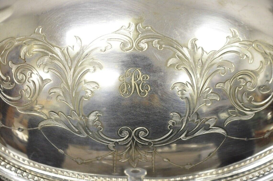 Antique Edwardian Silver Plated Revolving Dome Oval Chafing Dish Food Warmer