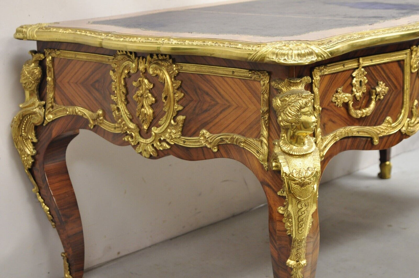 French Louis XV Style Figural Bronze Ormolu Leather Top Bureau Plat Writing Desk