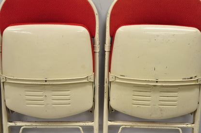 Vintage American Seating Metal Frame Red Upholstered Folding Chairs - Set of 4