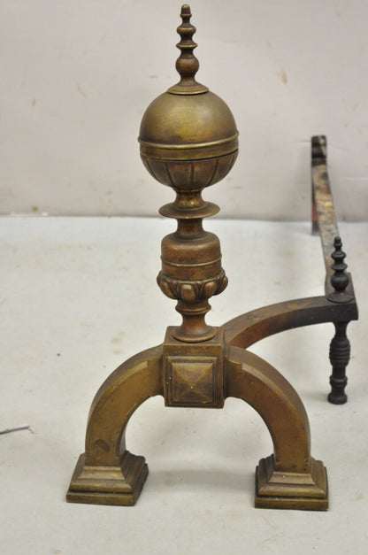 Antique English Federal Brass Cannonball Fireplace Andirons With Patina -  Pair