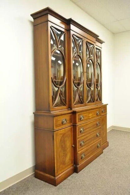 Georgian Style Mahogany Satinwood Inlay Breakfront Bookcase Bubble Glass Cabinet