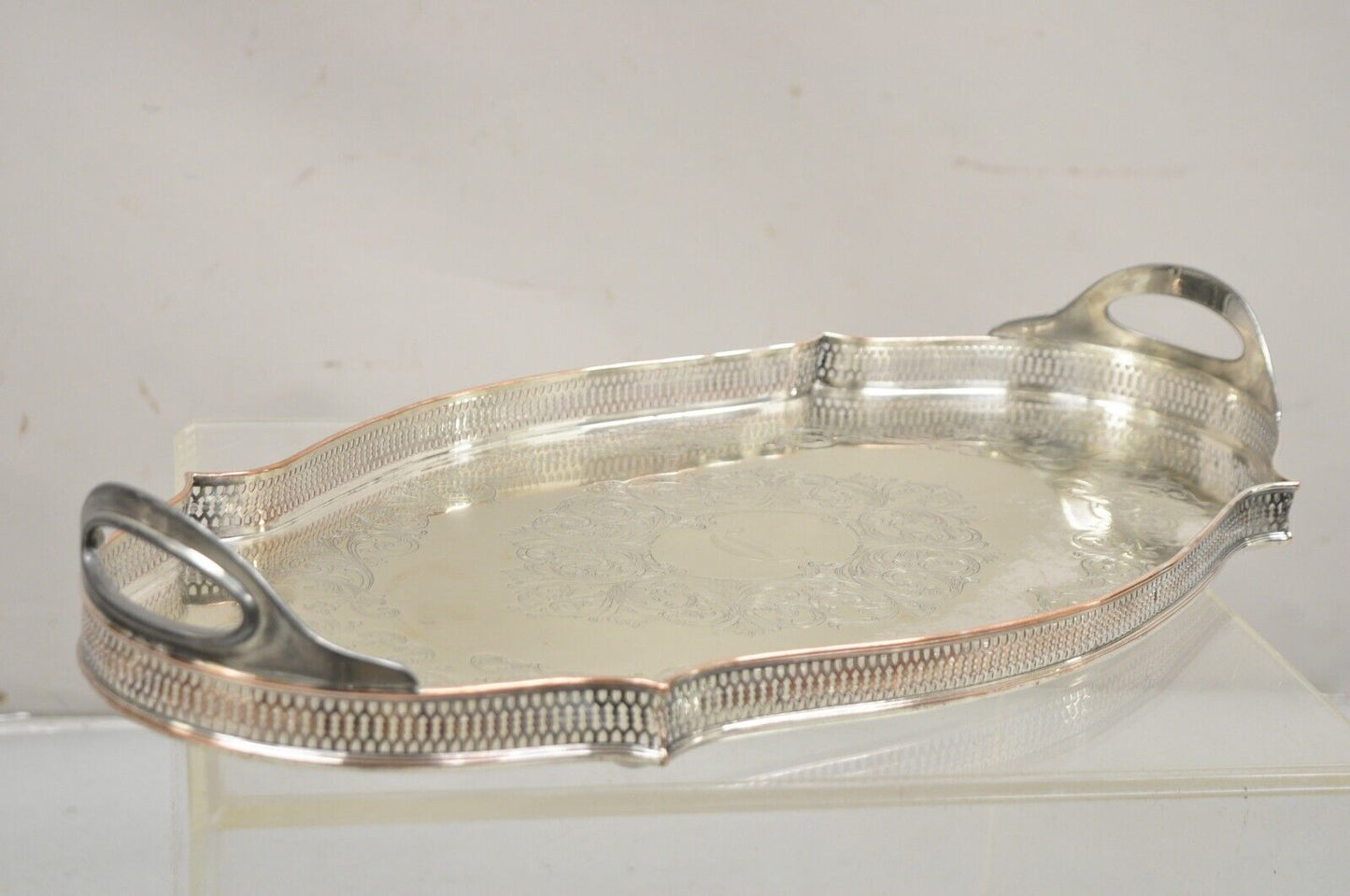 Vintage English LBS Co 982 Silver Plated Scalloped Oval Pierced Gallery Tray