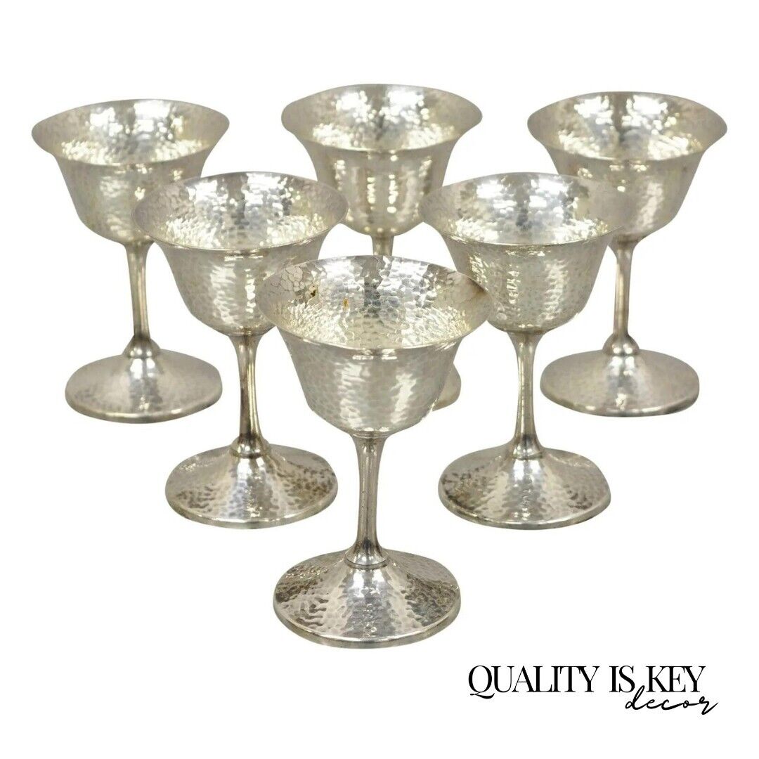 Vintage EGW & S Hammered Silver Plate Wine Goblets Cups - Set of 6