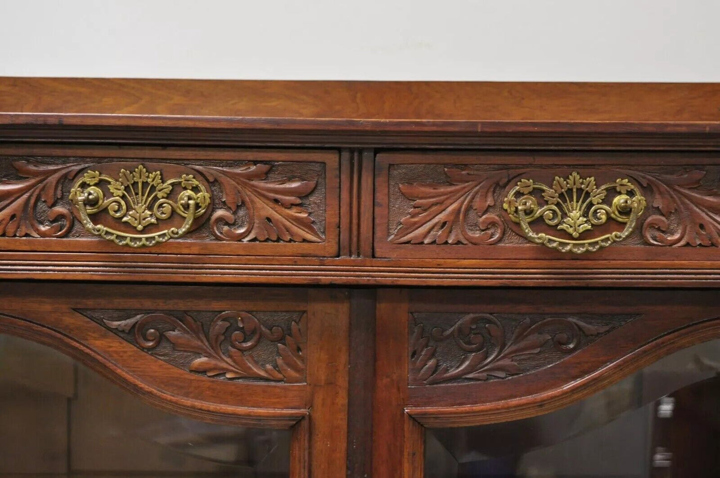 Antique American Victorian Paw Foot Carved Mahogany China Cabinet Bookcase Curio