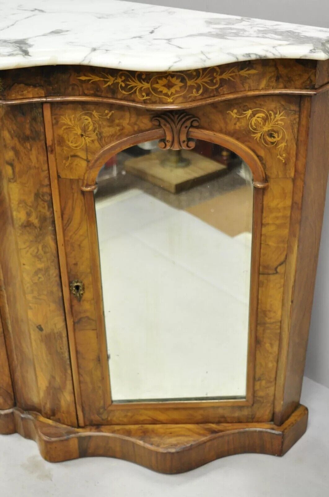 Antique Victorian Burr Wood Walnut Serpentine Marble Top Sideboard Credenza