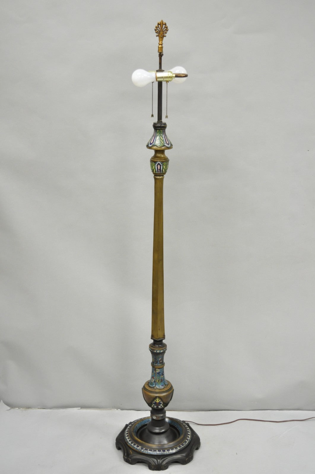 Antique Cloisonne Chinese Patinated Bronze Porcelain Enamel Pole Floor Lamp