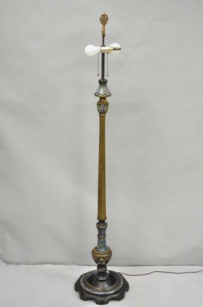 Antique Cloisonne Chinese Patinated Bronze Porcelain Enamel Pole Floor Lamp