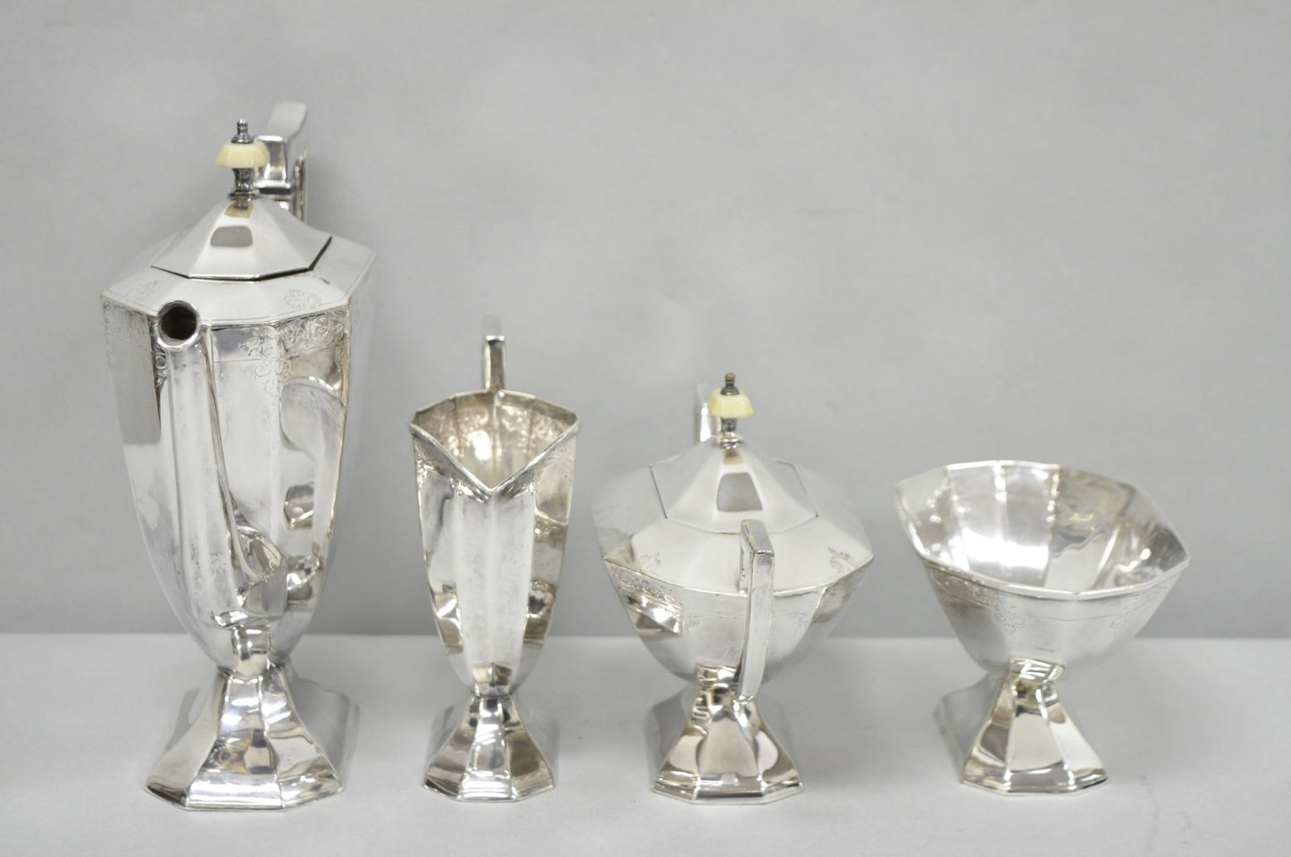 Antique English Art Deco Silver Plated Tea Service Set by BSCEP (5329) - 4 Pcs