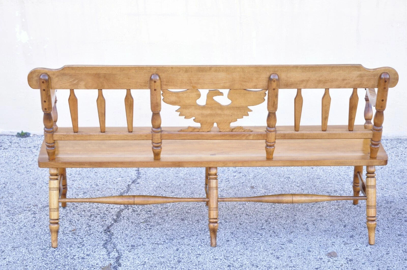 Vintage Cushman Federal Style Maple Wood Carved Eagle Back Settee Deacons Bench