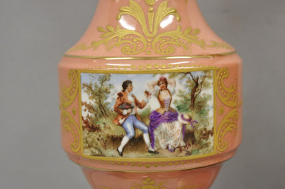 Antique French Victorian Paris Porcelain Coral Figural Painted Table Lamps, Pair