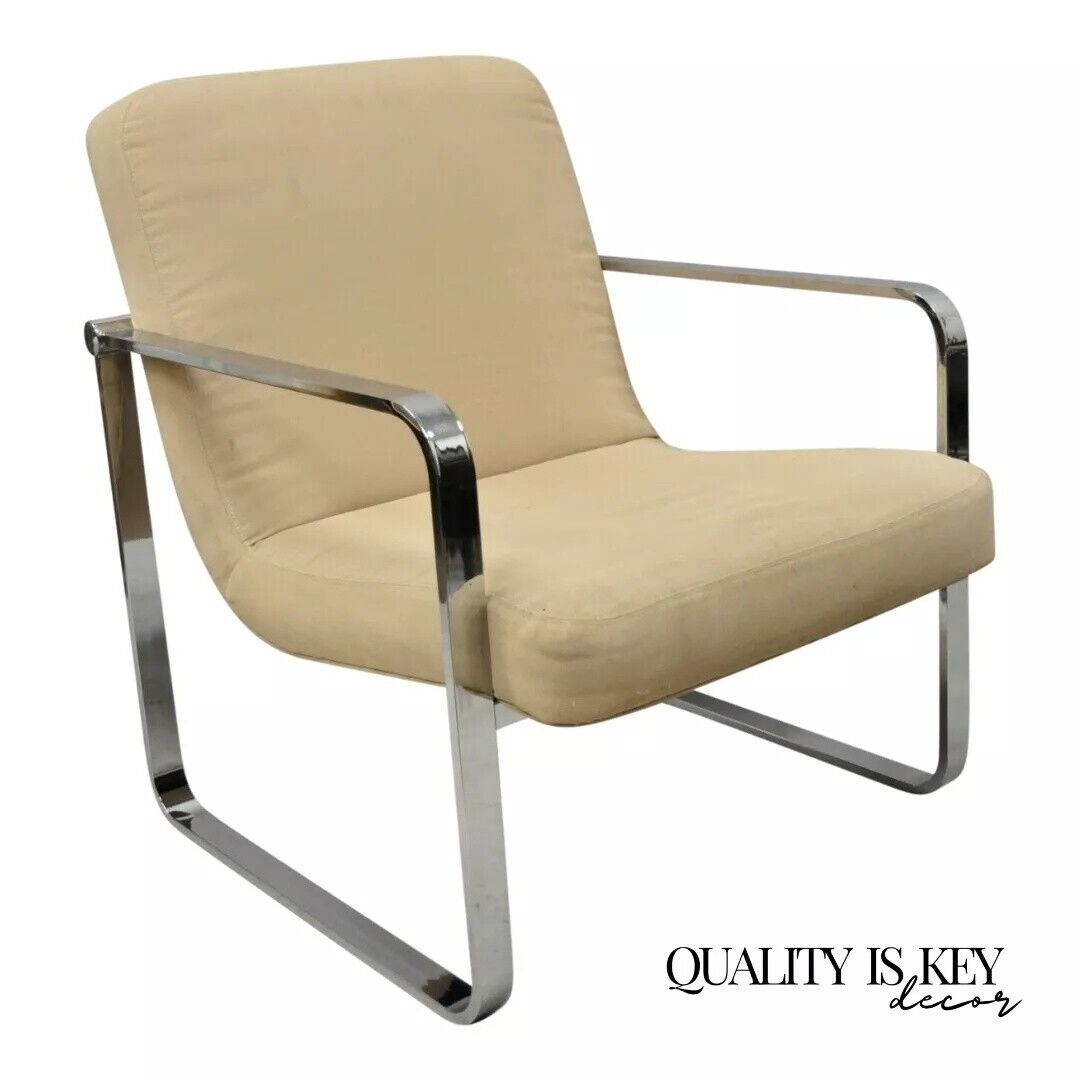 Mid Century Modern Milo Baughman Style Chrome Flat Bar Art Deco Lounge Chair