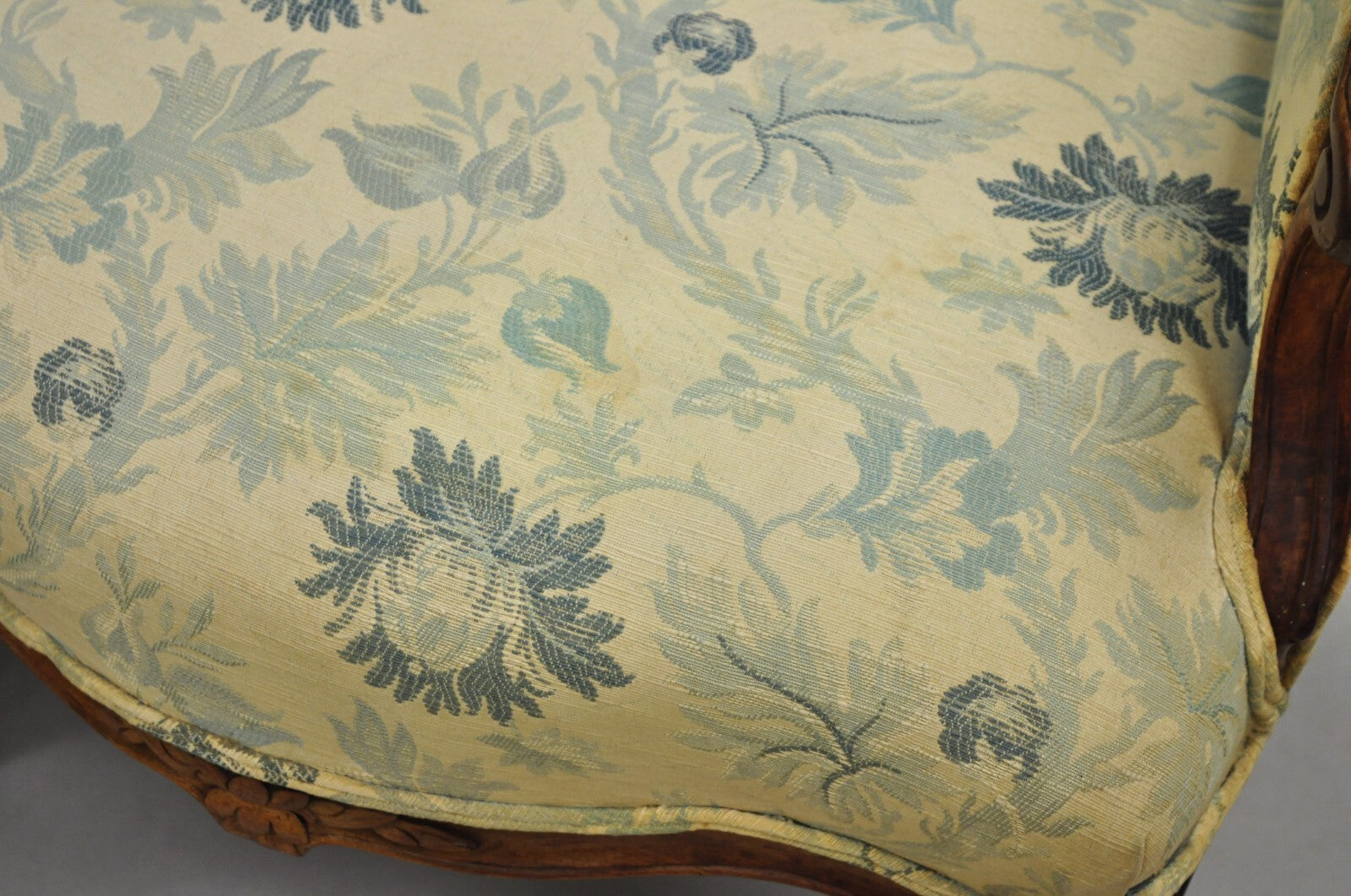 Antique French Country Provincial Carved Walnut Wingback Lounge Chairs Pair
