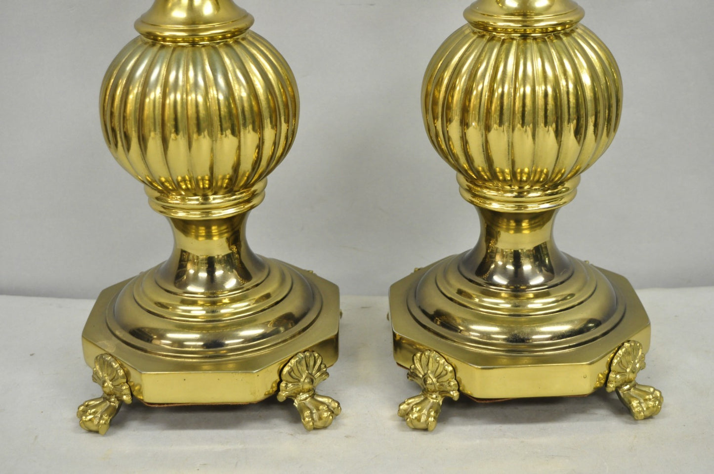 Vintage French Empire Style Burnished Brass Column Paw Foot Table Lamps - a Pair