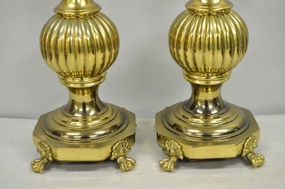 Vintage French Empire Style Burnished Brass Column Paw Foot Table Lamps - a Pair