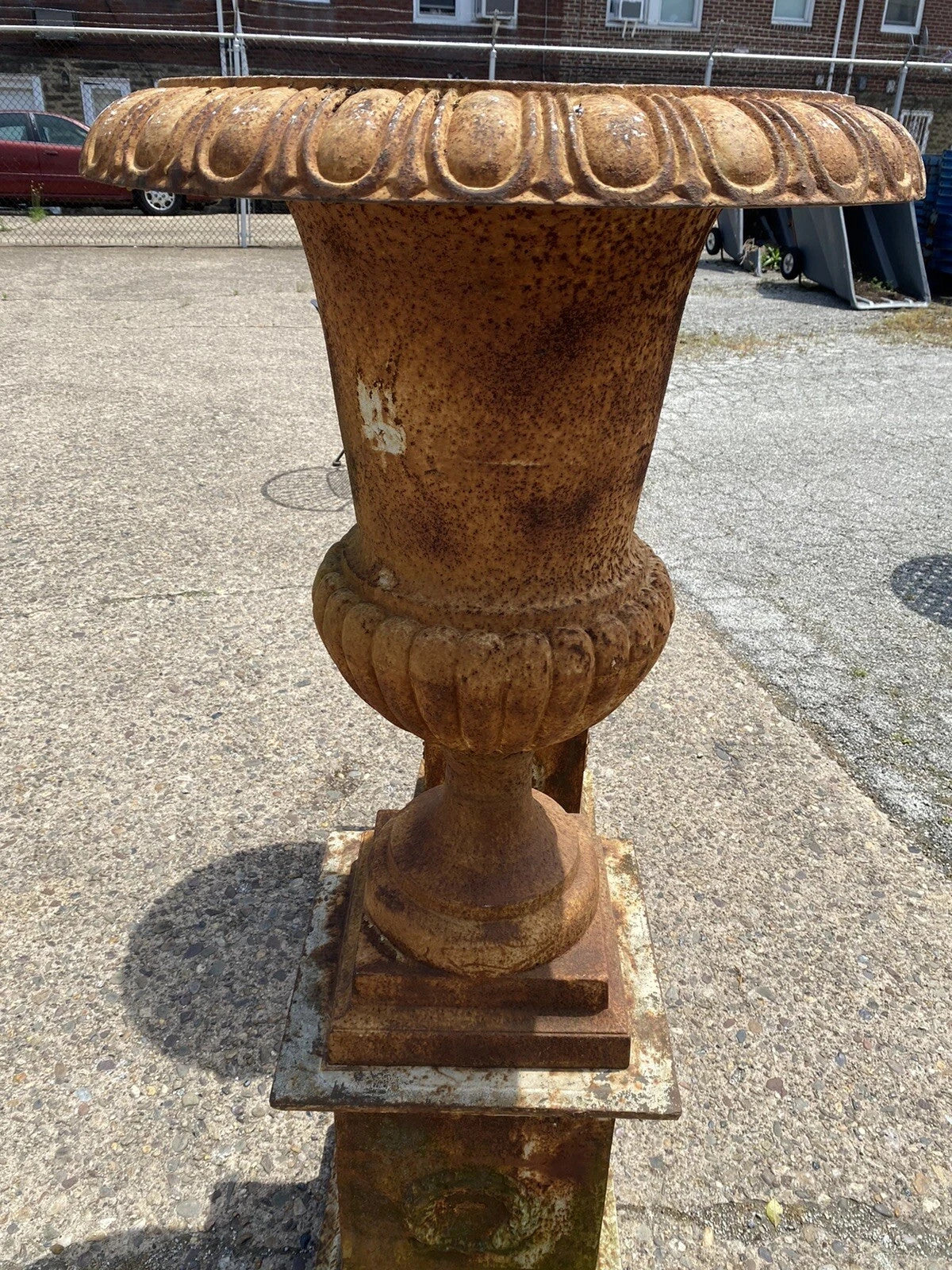 French Style 62" Cast Iron Campana Urn Outdoor Garden Planters on Pedestal, Pair