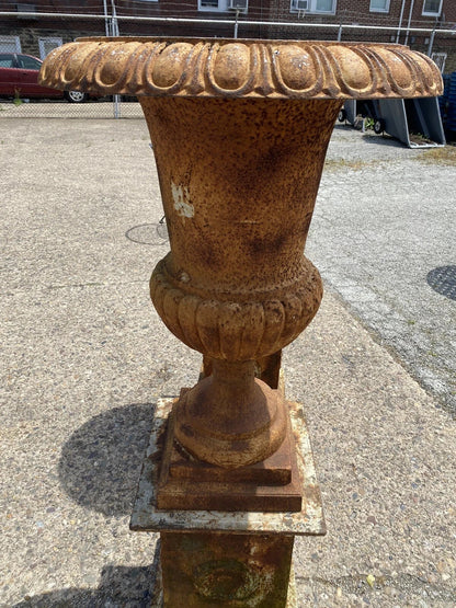French Style 62" Cast Iron Campana Urn Outdoor Garden Planters on Pedestal, Pair