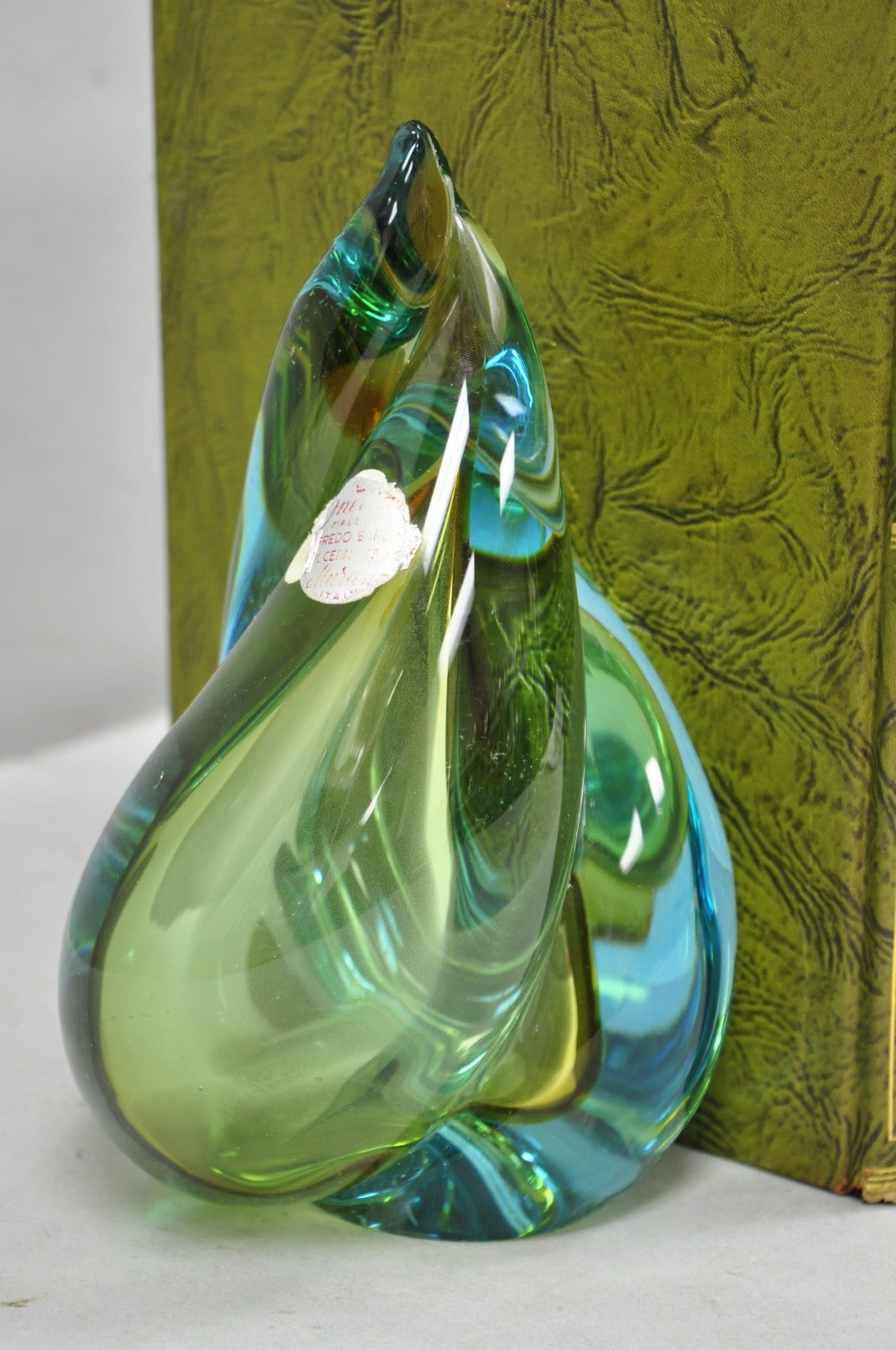 Mid Century Modern Alfredo Barbini Murano Italy Blue Art Glass Flame Bookends