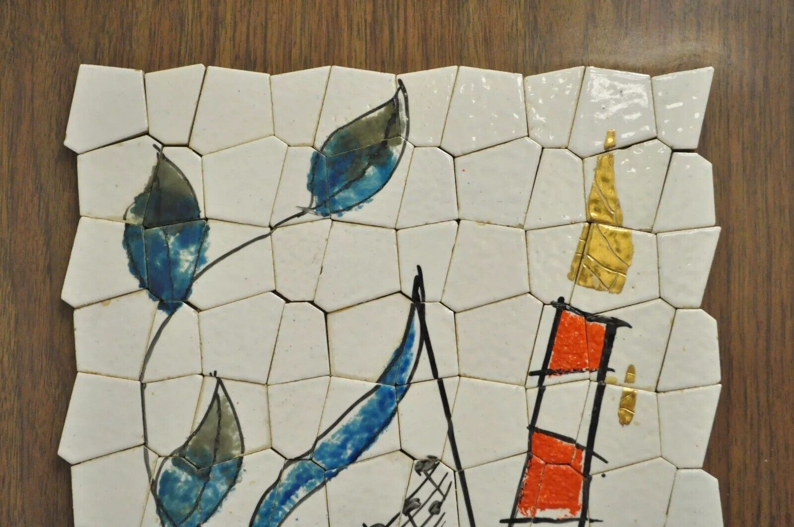 Vintage Andre Mid Century Modernist Abstract Music Instrument Tile Wall Art Pair