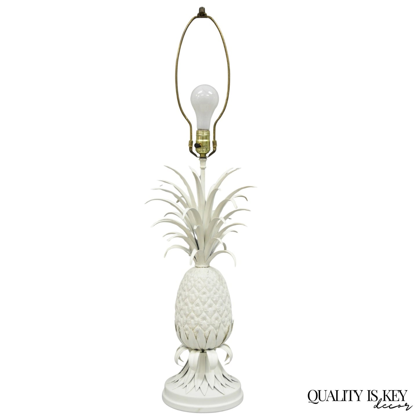 Vintage Italian Hollywood Regency White Tole Metal Figural Pineapple Table Lamp