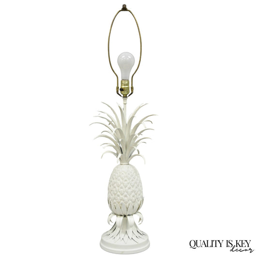 Vintage Italian Hollywood Regency White Tole Metal Figural Pineapple Table Lamp