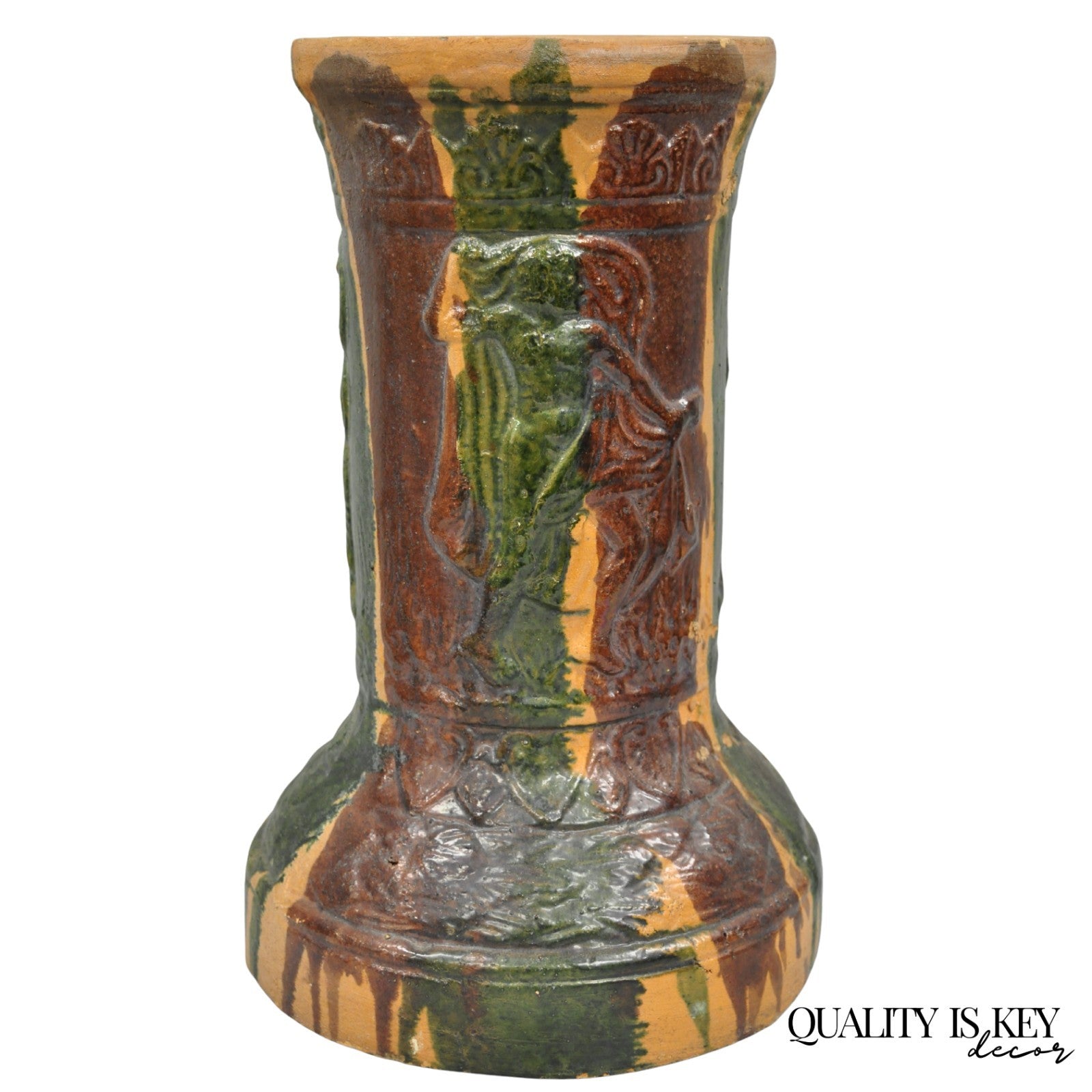 Antique Majolica Terracotta Red Green Drip Glaze Figural Plant Stand Pedestal