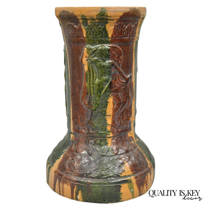 Antique Majolica Terracotta Red Green Drip Glaze Figural Plant Stand Pedestal
