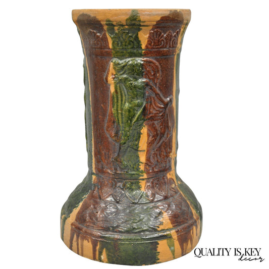 Antique Majolica Terracotta Red Green Drip Glaze Figural Plant Stand Pedestal